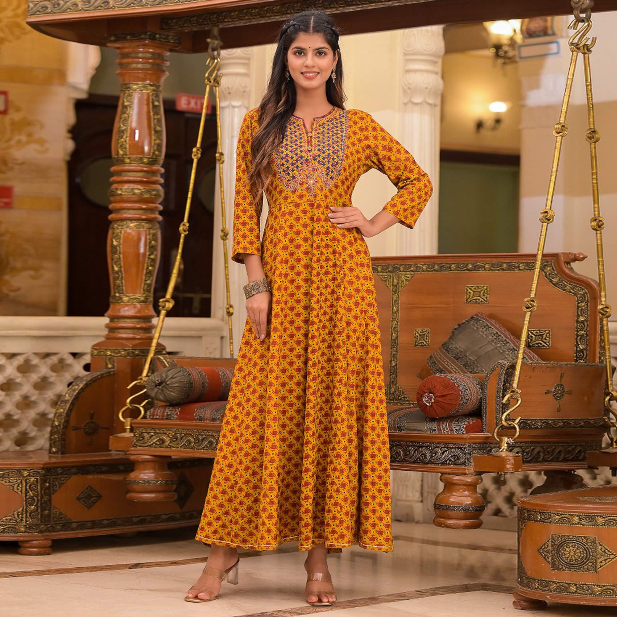 Mustard Printed Rayon Long Kurti - Peachmode