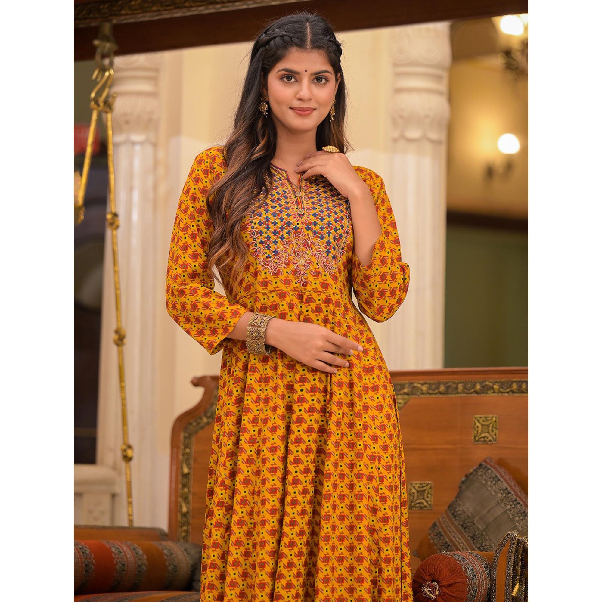 Mustard Printed Rayon Long Kurti - Peachmode