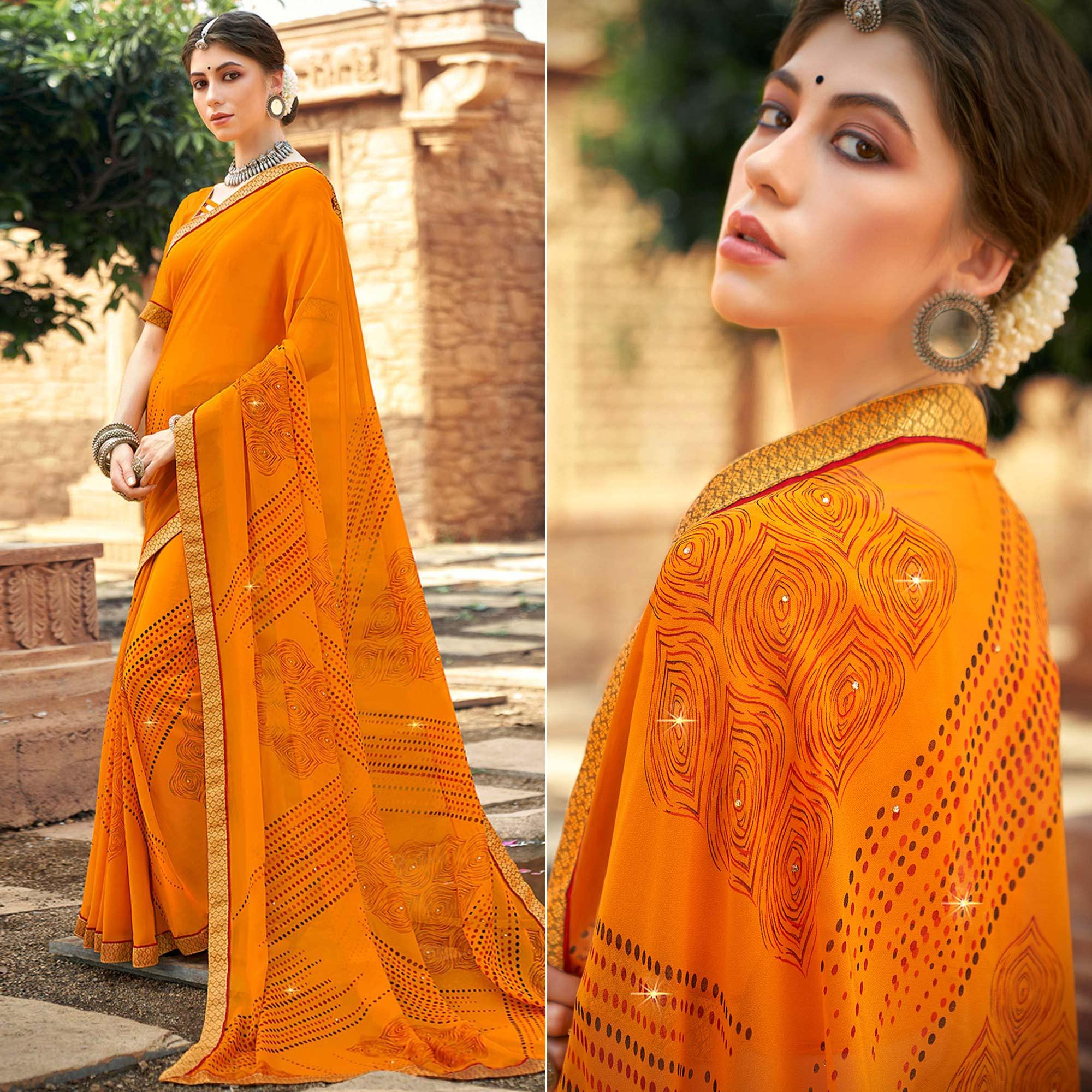 Mustard Printed-Sequins Work Georgette Saree - Peachmode