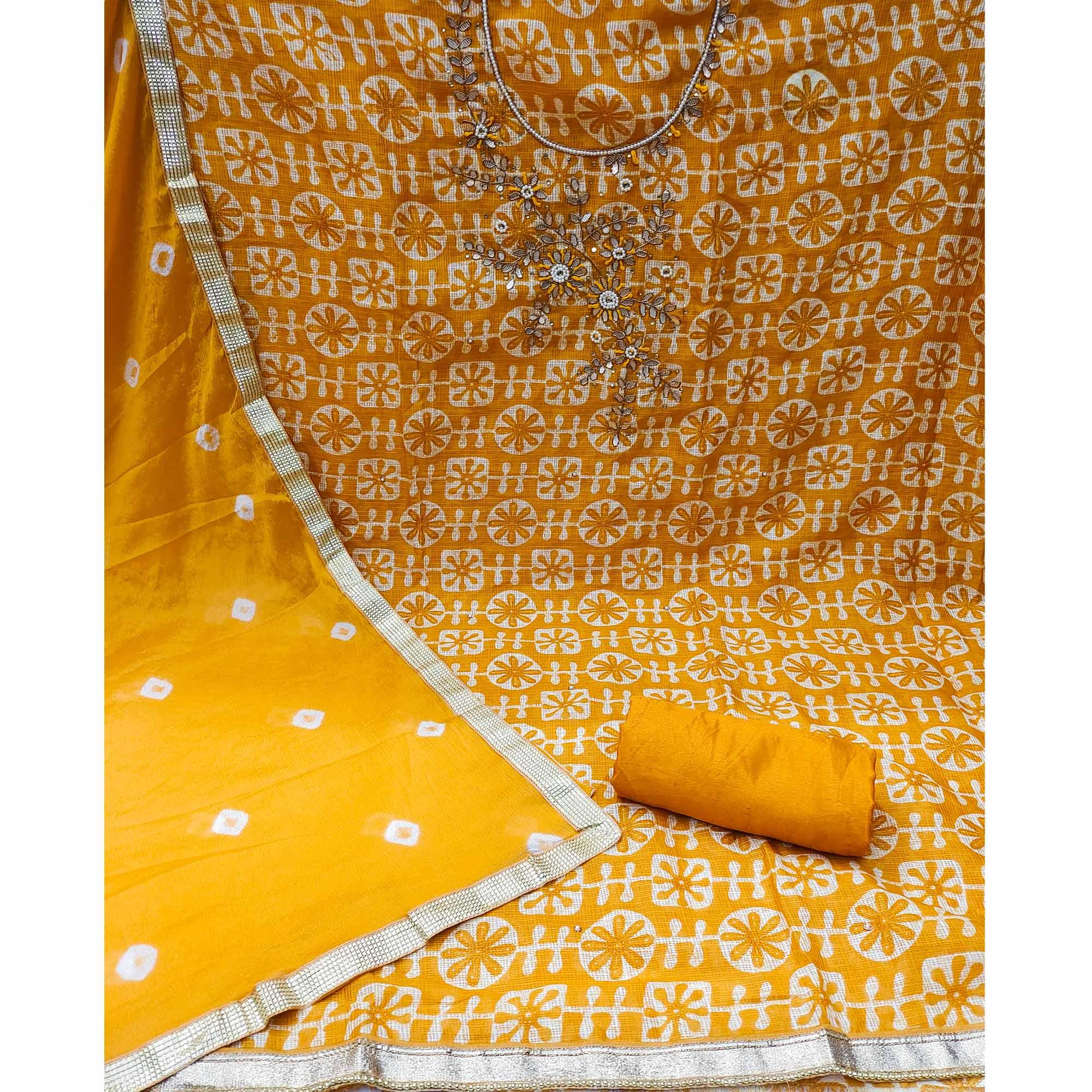 Mustard Printed With Embellished Khaadi Dress Material - Peachmode