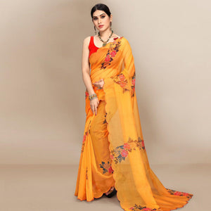 Mustard Printed With Embellished Organza Saree - Peachmode