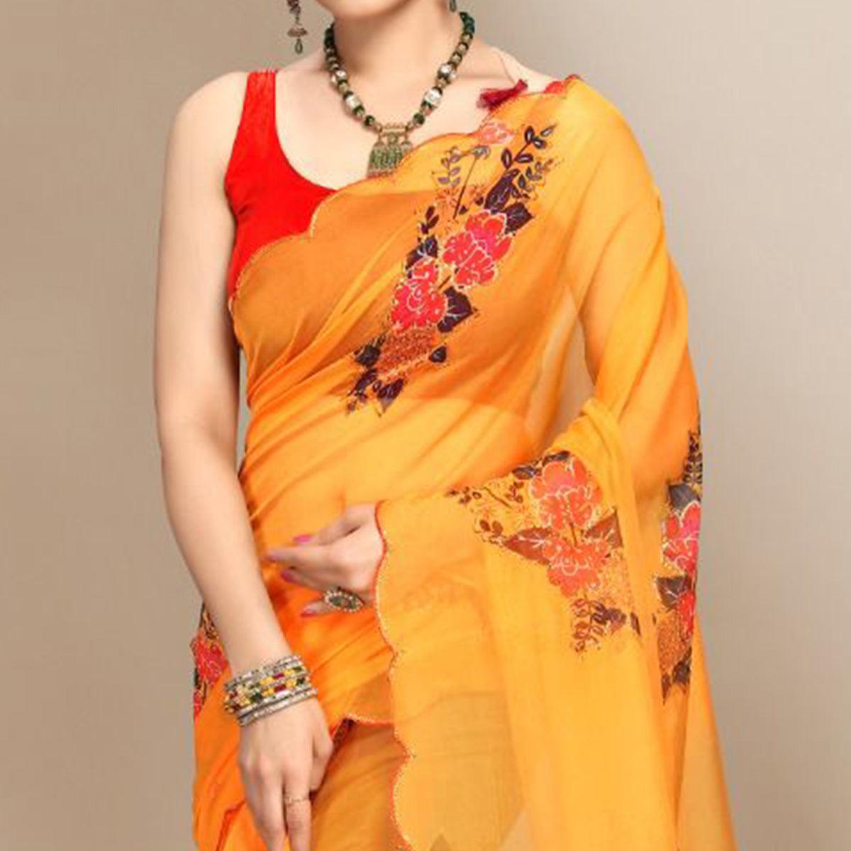 Mustard Printed With Embellished Organza Saree - Peachmode