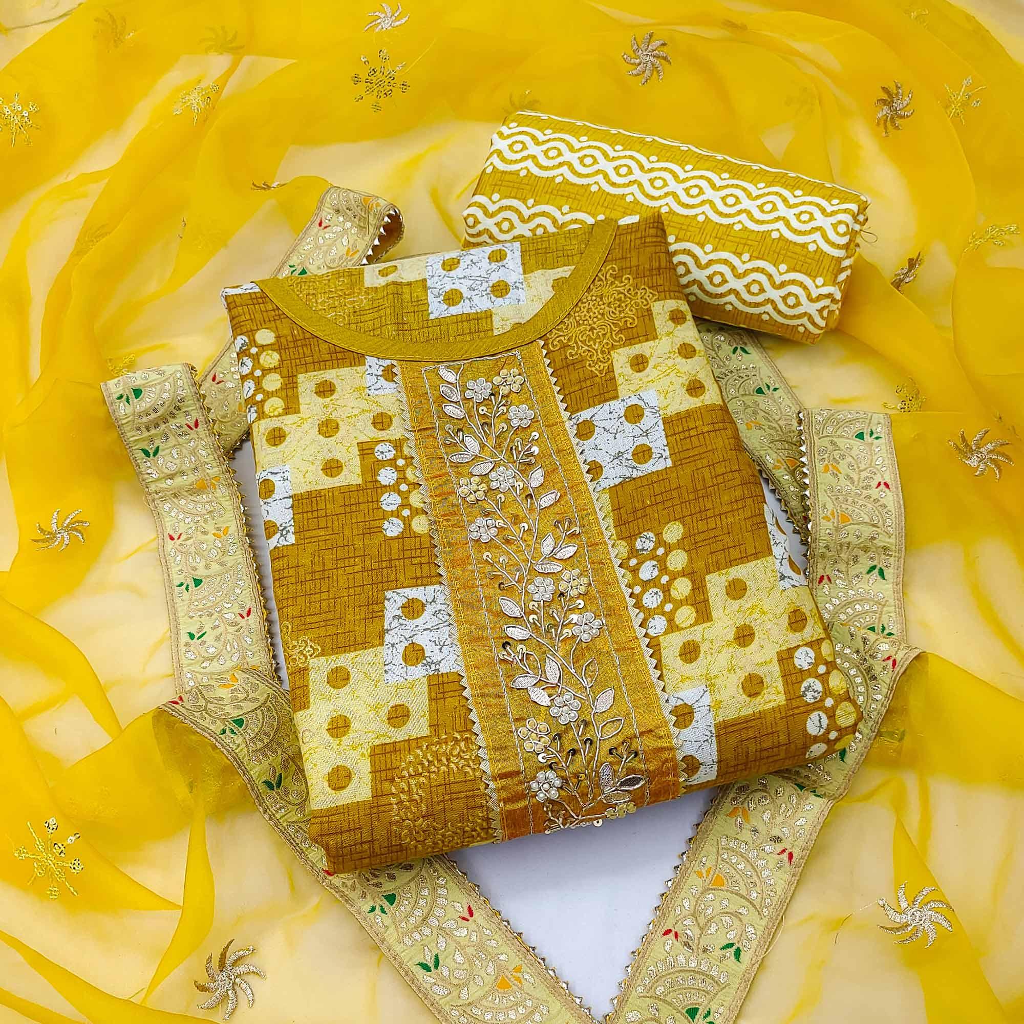 Mustard Printed With Embellished Poly Cotton Dress Material - Peachmode