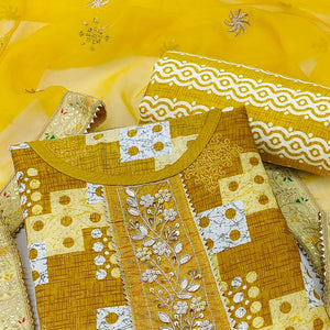 Mustard Printed With Embellished Poly Cotton Dress Material - Peachmode