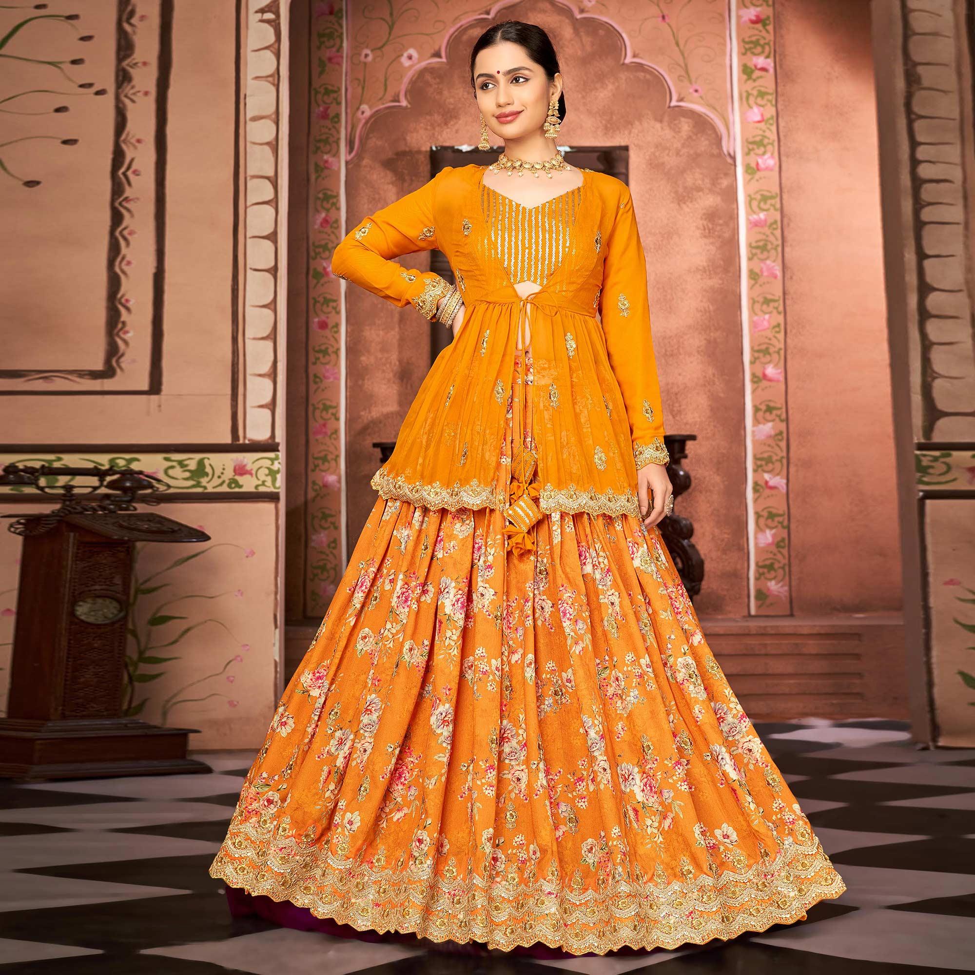 Mustard Printed With Embroidered Chiffon Lehenga Choli With Koti - Peachmode