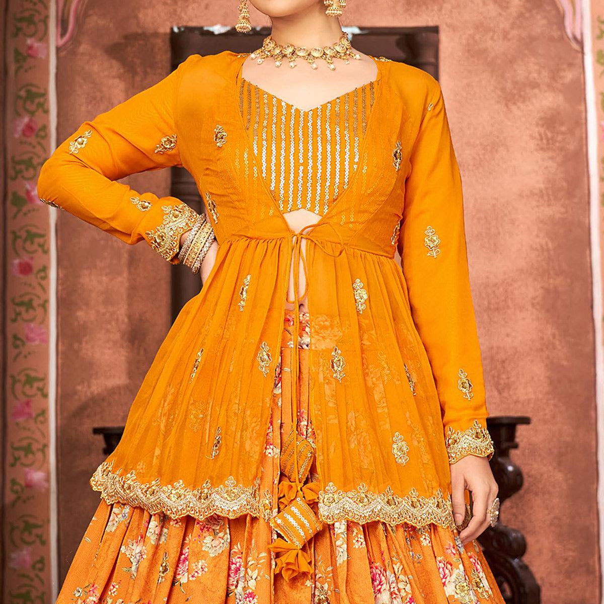Mustard Printed With Embroidered Chiffon Lehenga Choli With Koti - Peachmode