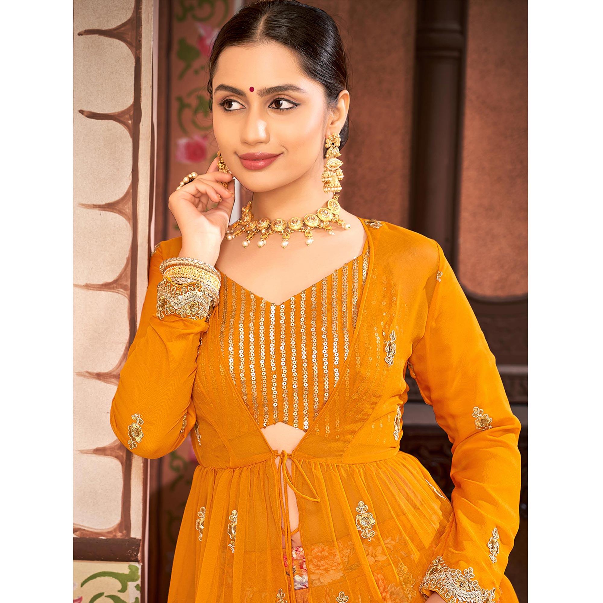 Mustard Printed With Embroidered Chiffon Lehenga Choli With Koti - Peachmode