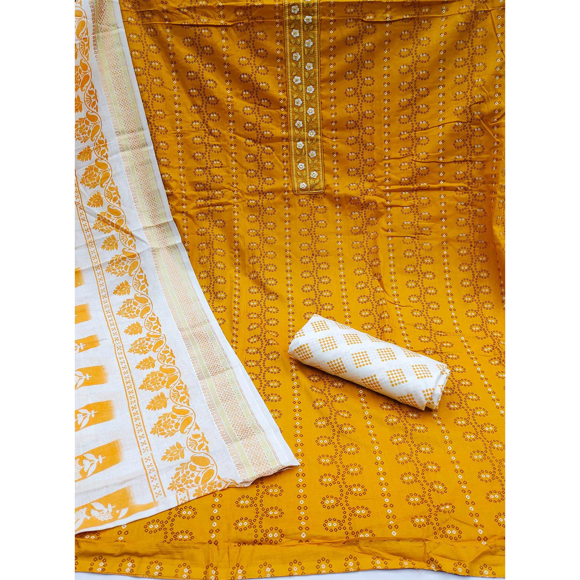 Mustard Printed With Embroidered Cotton Blend Dress Material - Peachmode