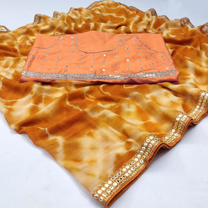 Mustard Printed With Fancy Mirror Border Georgette Saree - Peachmode