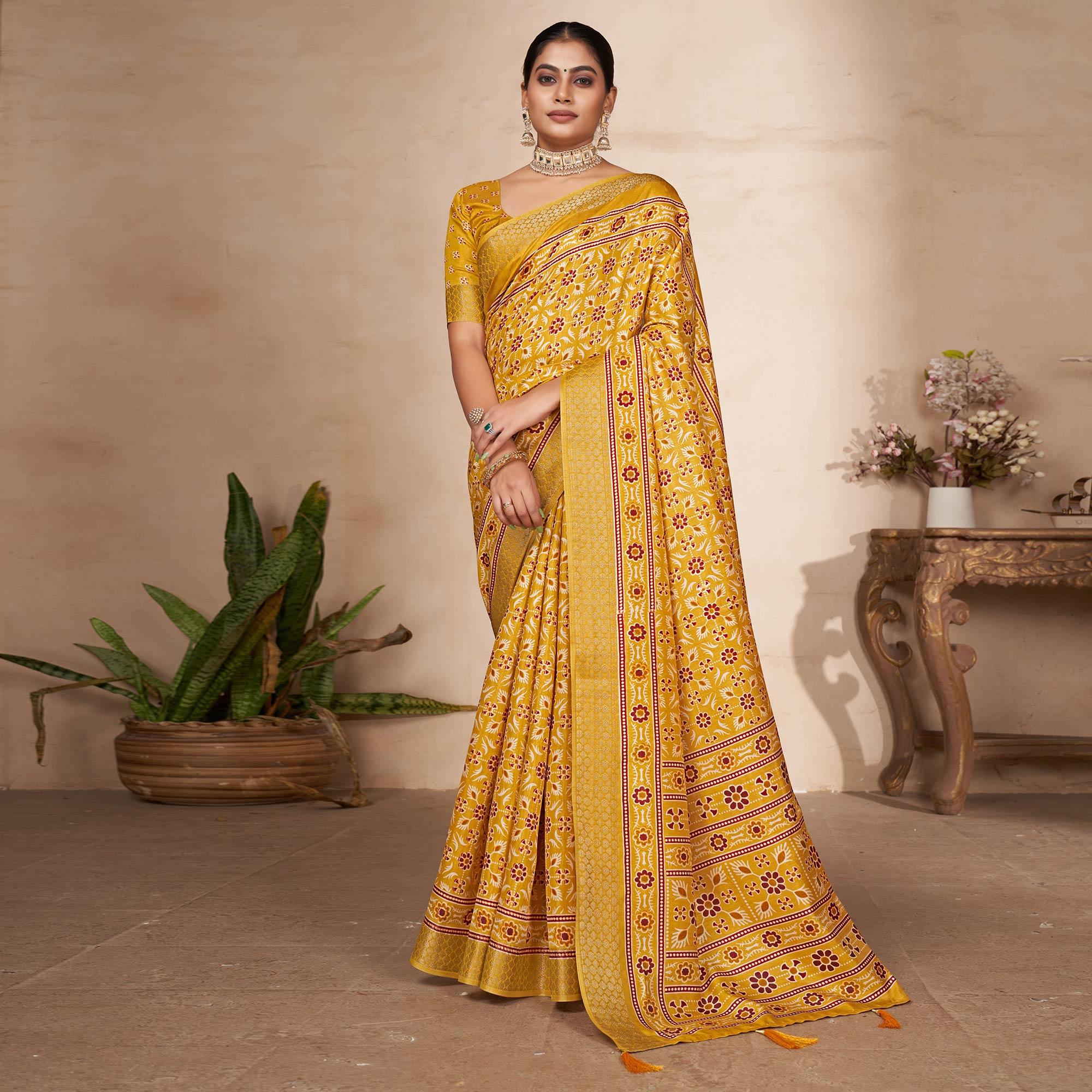 Mustard Printed-Woven Dola Silk Saree With Tassels - Peachmode