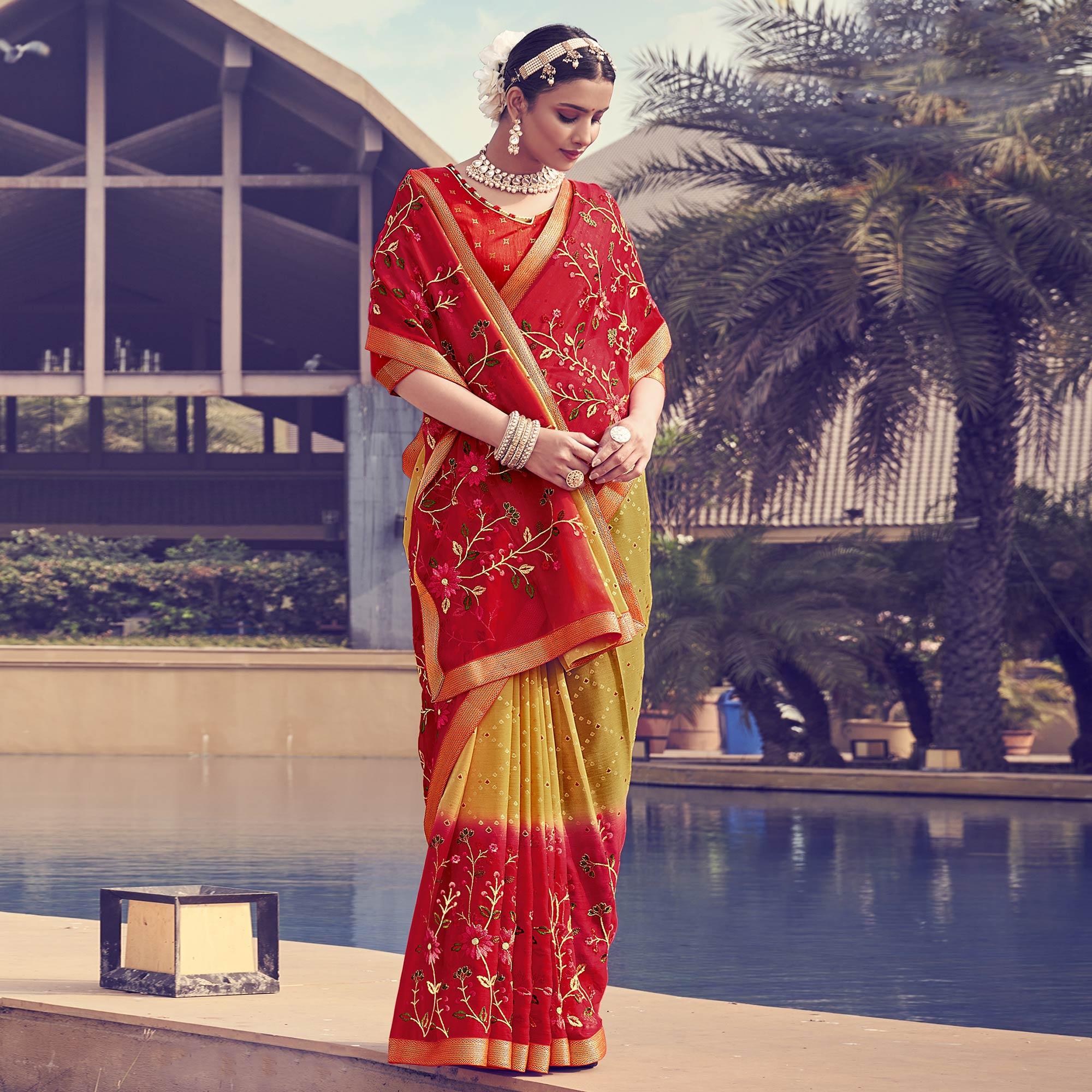 Mustard - Red Floral Embroidered With Foil Printed Chiffon Half & Half Saree - Peachmode