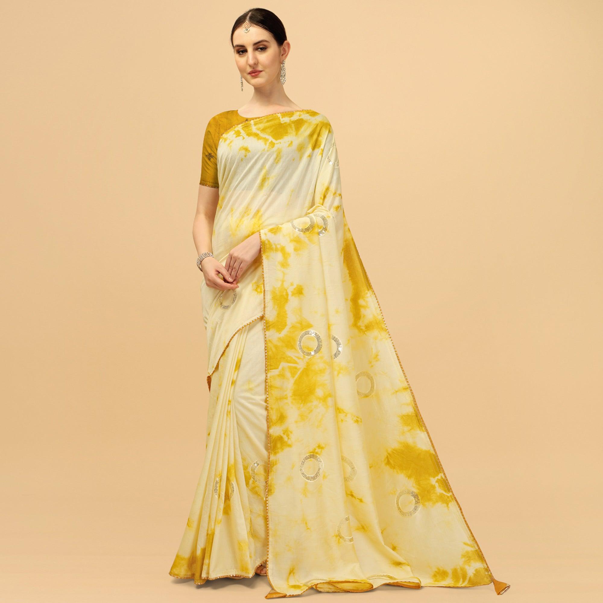 Mustard Sequence Embroidered Chanderi Saree - Peachmode