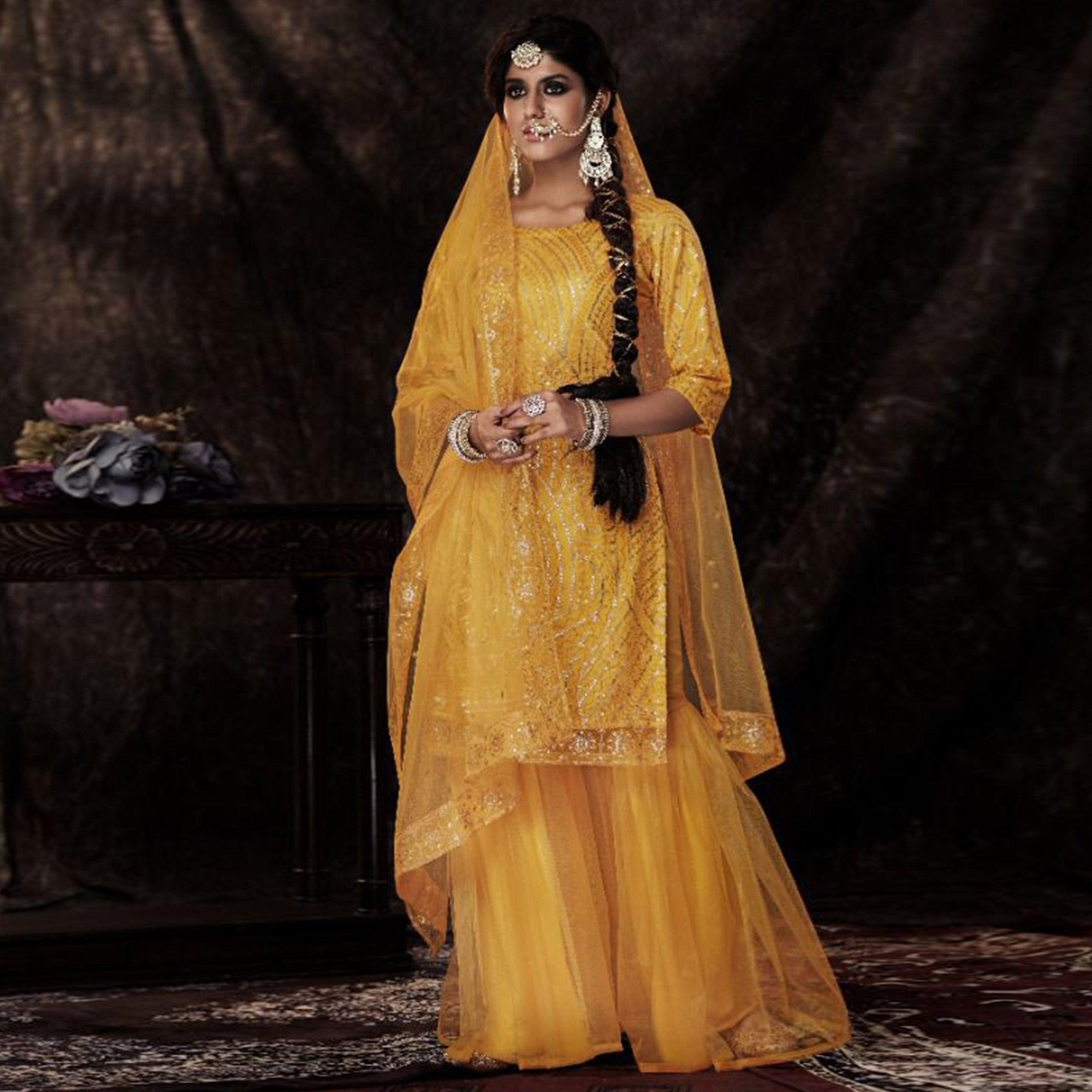 Mustard Sequence Embroidered Netted Palazzo Suit - Peachmode