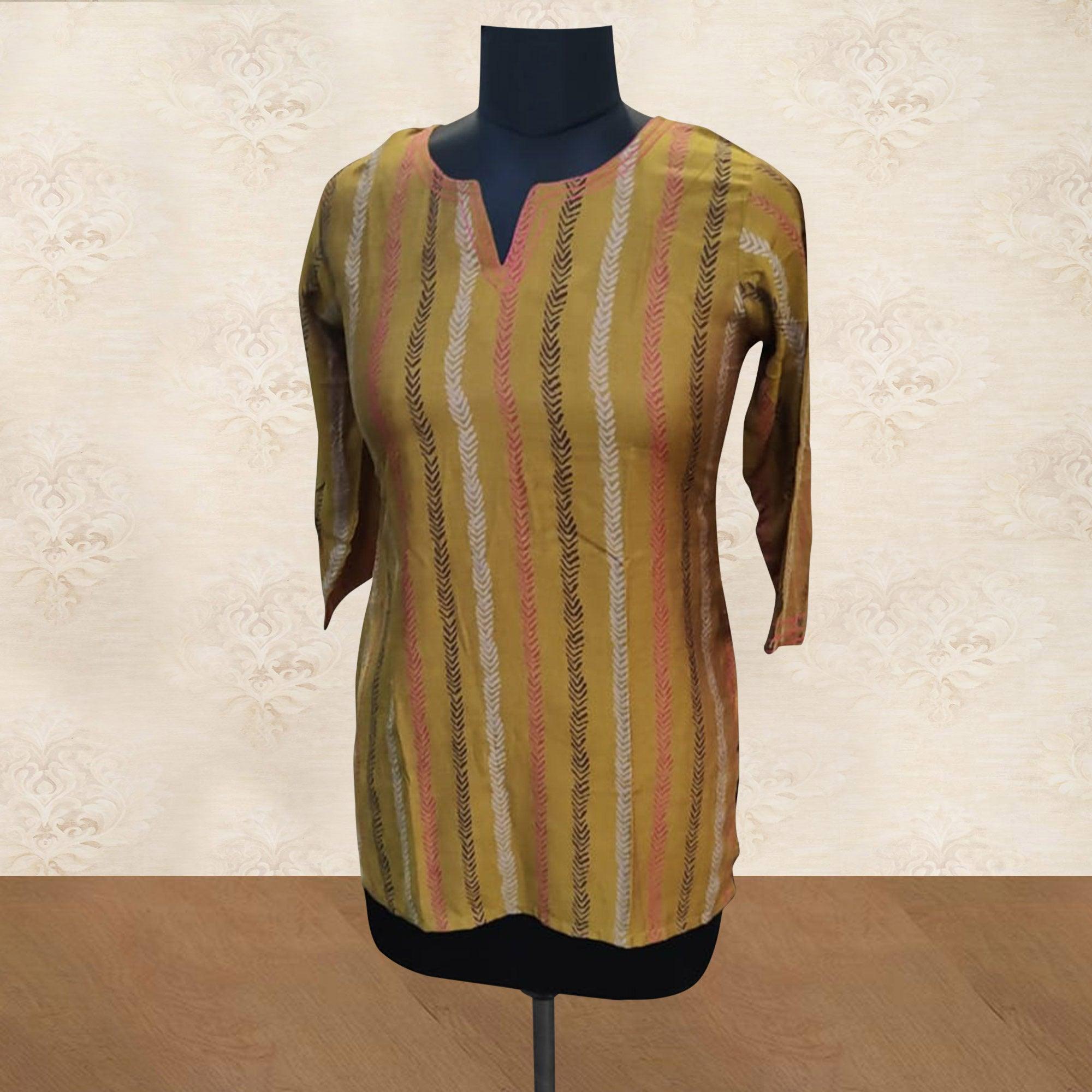 Mustard Striped Printed Muslin Top - Peachmode