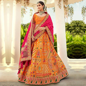 Mustard Wedding Wear Heavy Embroidered Banarasi Silk Lehenga Choli - Peachmode