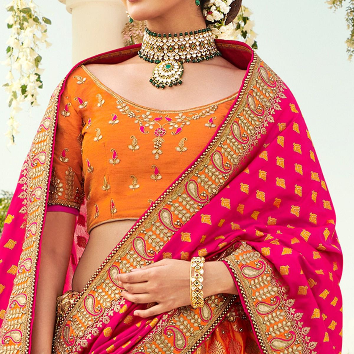 Mustard Wedding Wear Heavy Embroidered Banarasi Silk Lehenga Choli - Peachmode