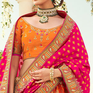Mustard Wedding Wear Heavy Embroidered Banarasi Silk Lehenga Choli - Peachmode