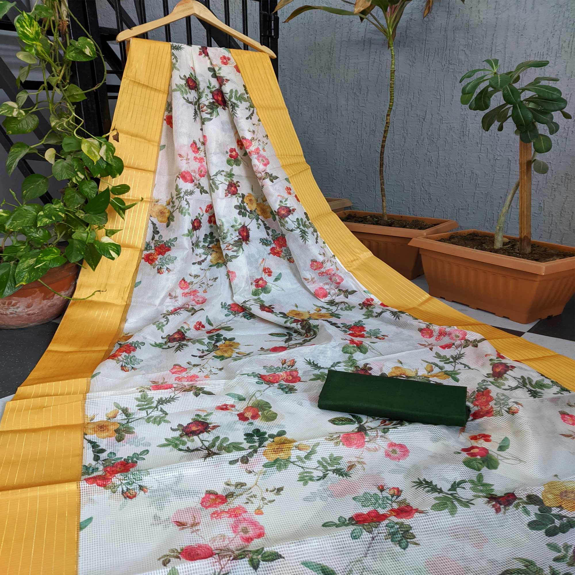 Mustard-White Festive Wear Floral Digital Print With Woven Border Silk Saree - Peachmode