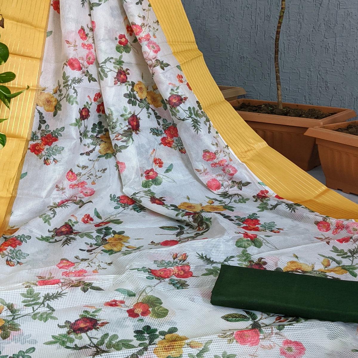 Mustard-White Festive Wear Floral Digital Print With Woven Border Silk Saree - Peachmode