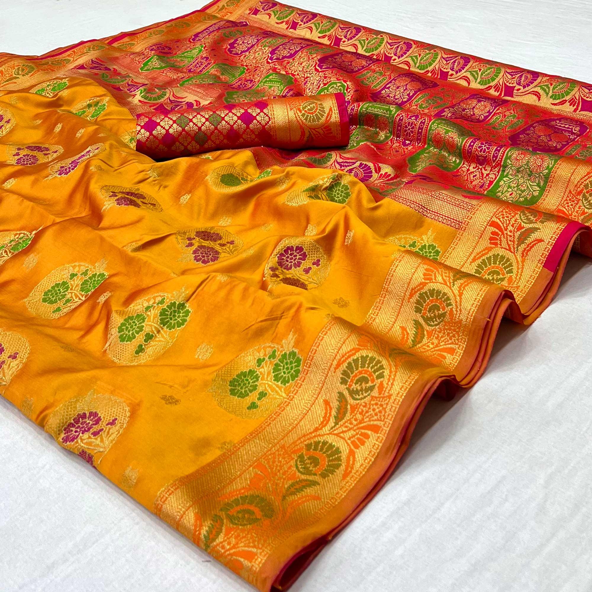 Mustard Woven Art Silk Saree - Peachmode