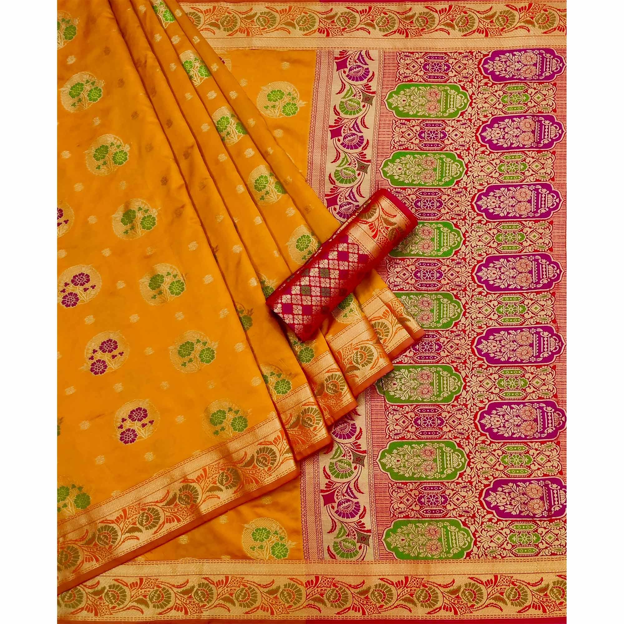 Mustard Woven Art Silk Saree - Peachmode