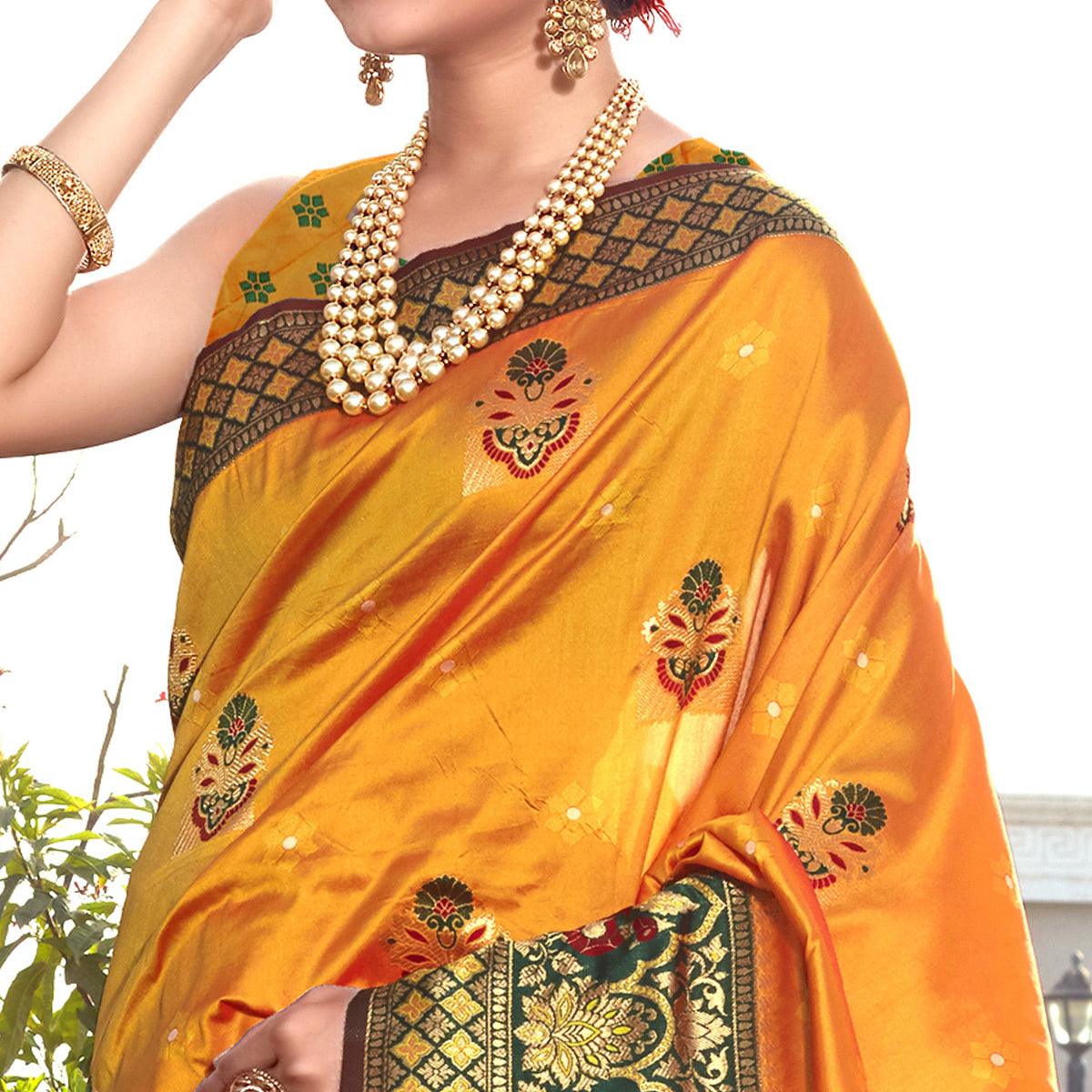 Mustard Woven Banarasi Silk Saree - Peachmode