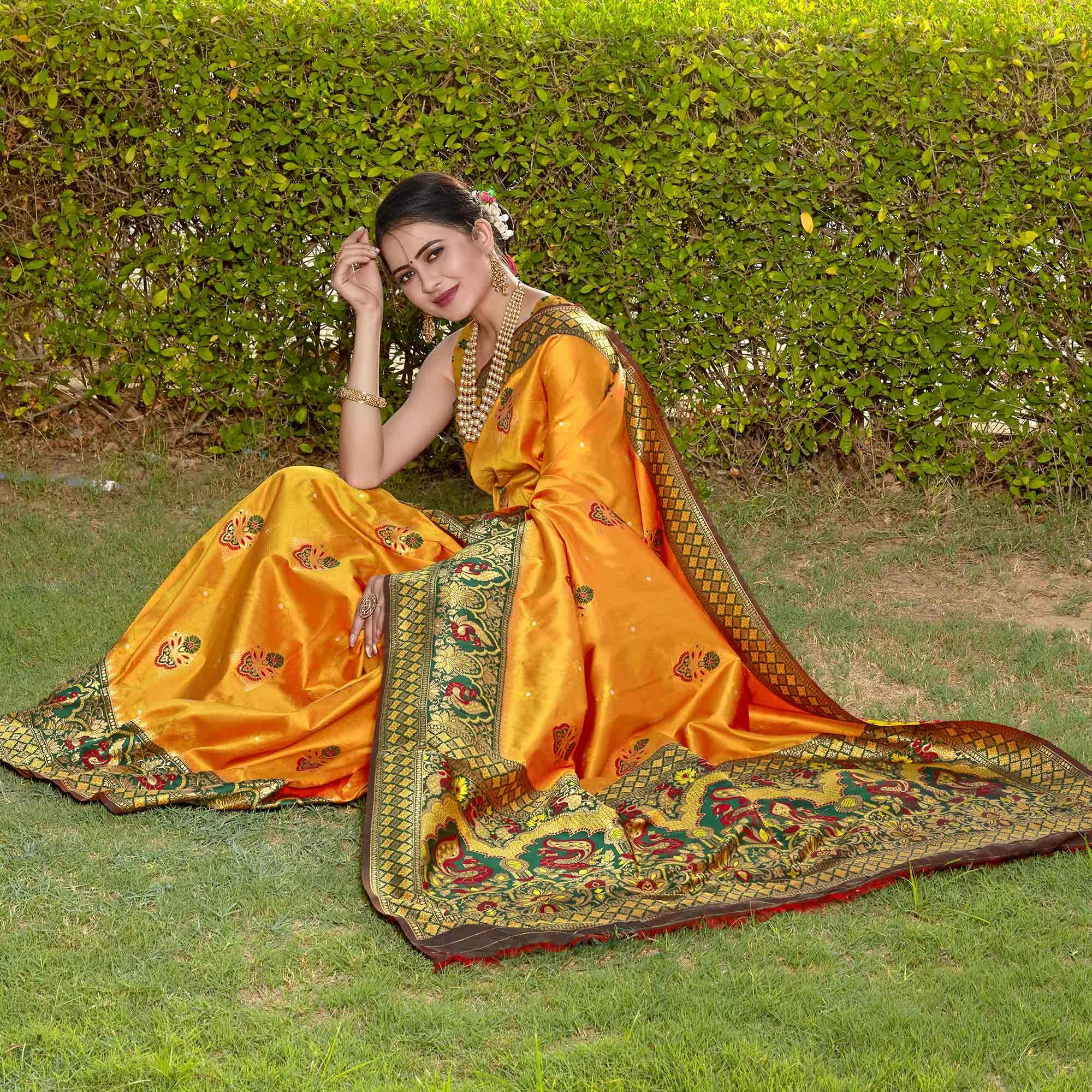 Mustard Woven Banarasi Silk Saree - Peachmode