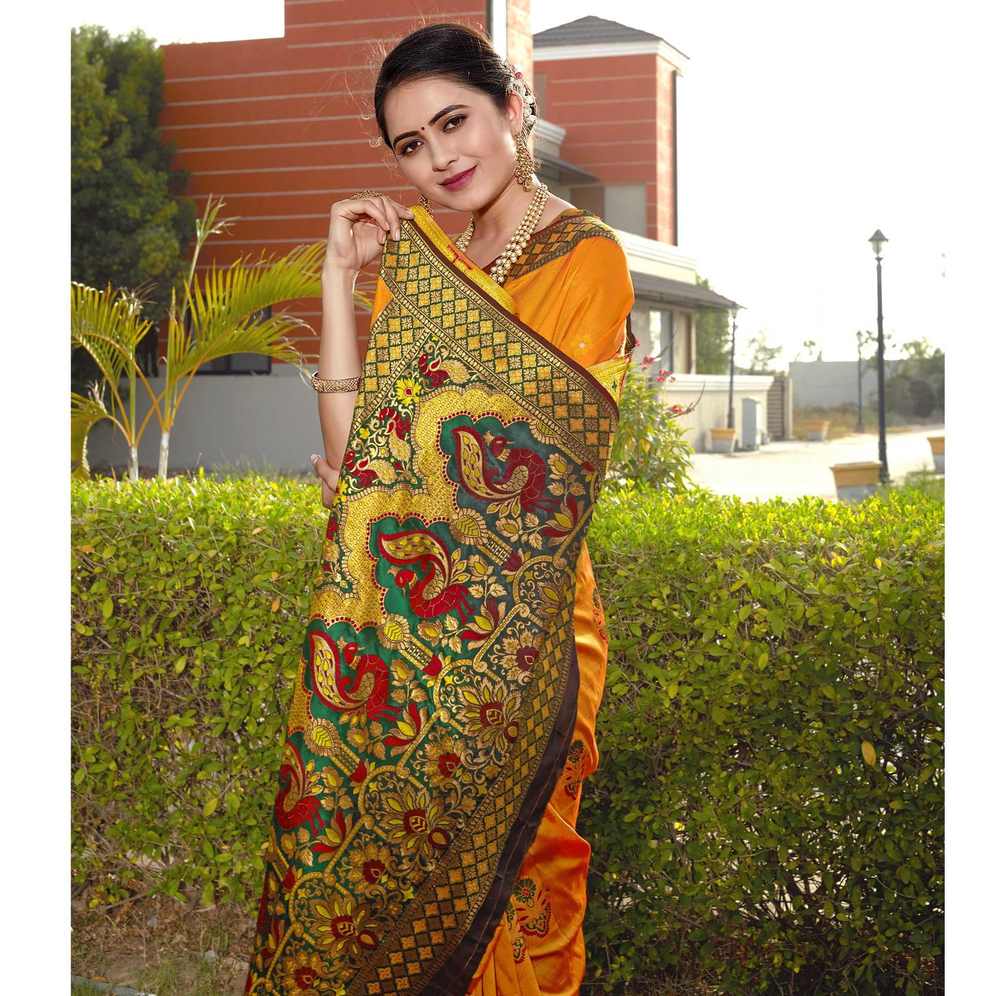 Mustard Woven Banarasi Silk Saree - Peachmode