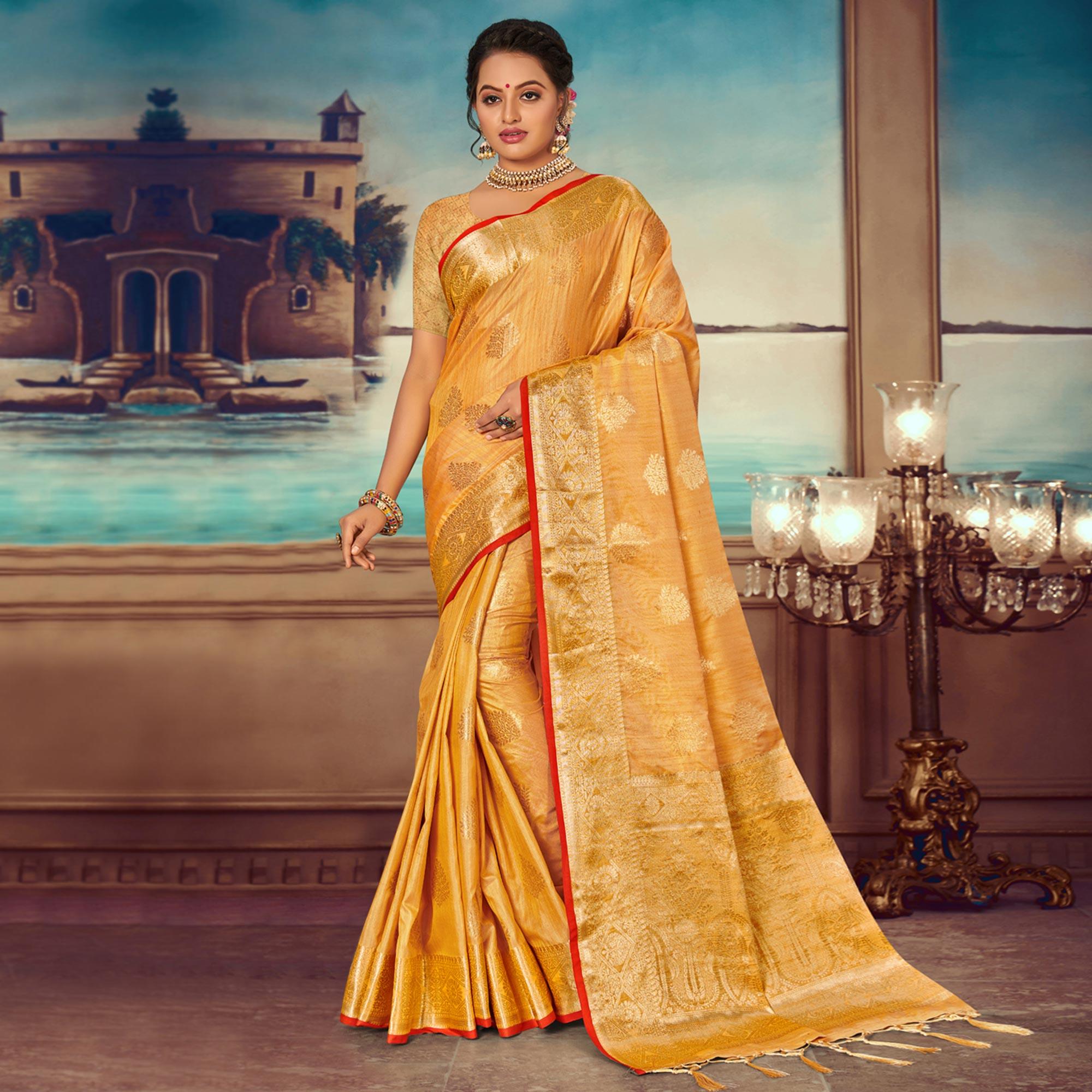 Mustard Woven Banarasi Silk Saree With Tassels - Peachmode
