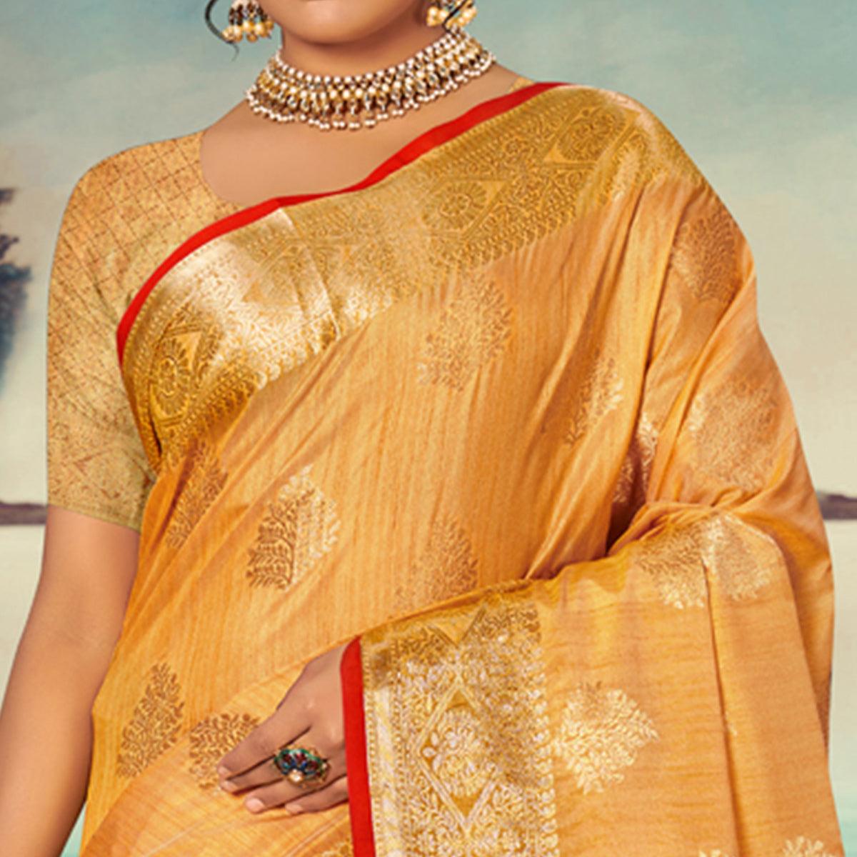 Mustard Woven Banarasi Silk Saree With Tassels - Peachmode