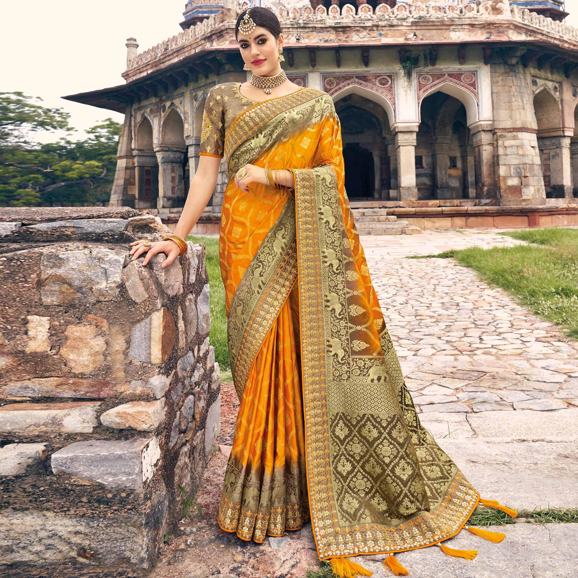 Mustard Woven Banarasi Silk Saree With Tassels - Peachmode