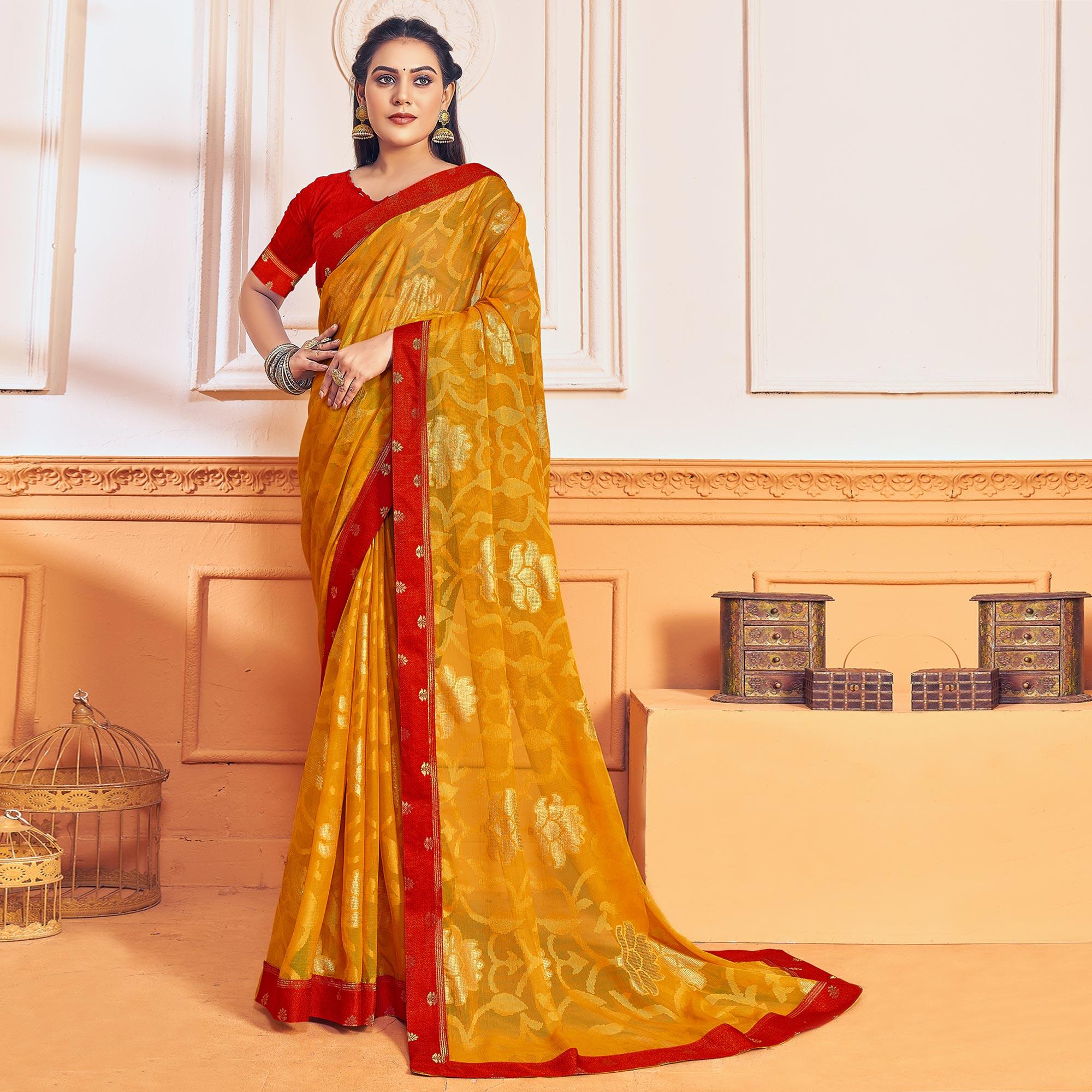 Mustard Woven Brasso Saree - Peachmode