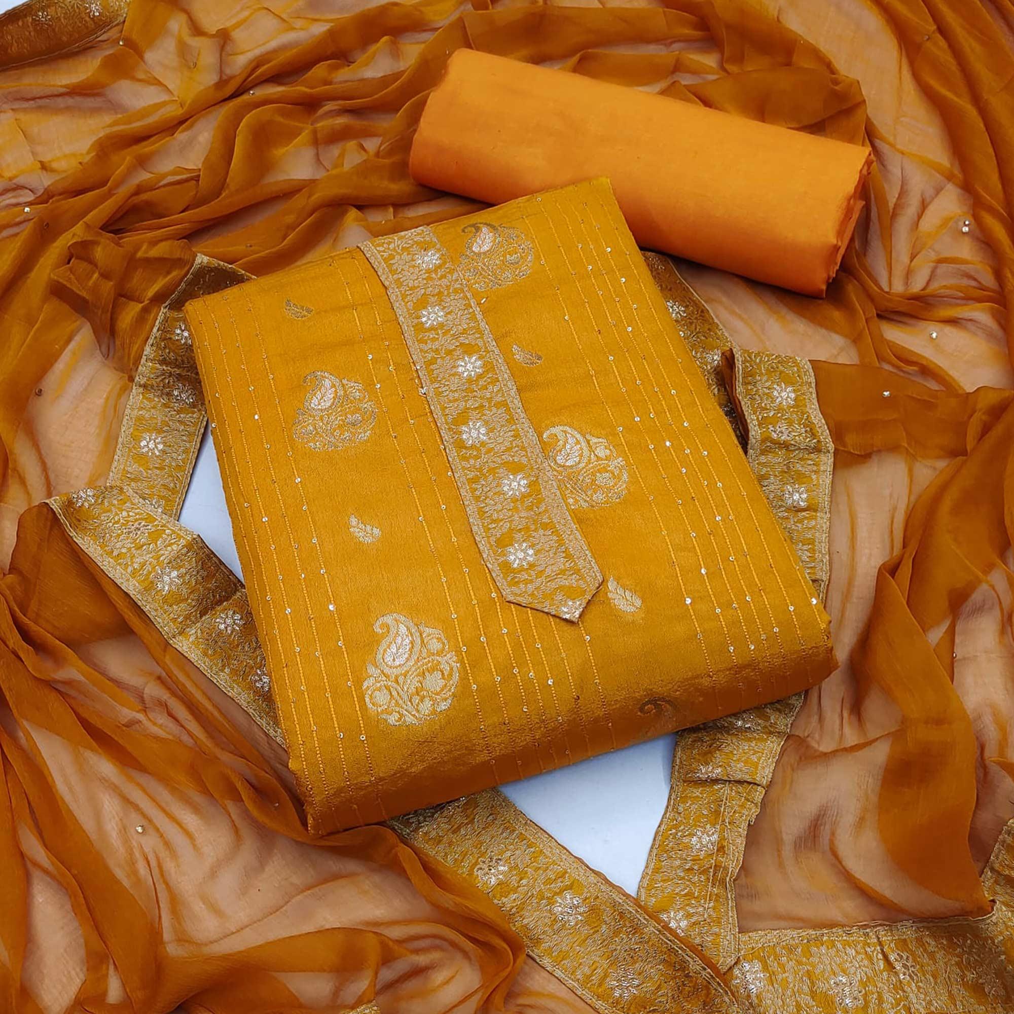 Mustard Woven Dola Silk Dress Material - Peachmode