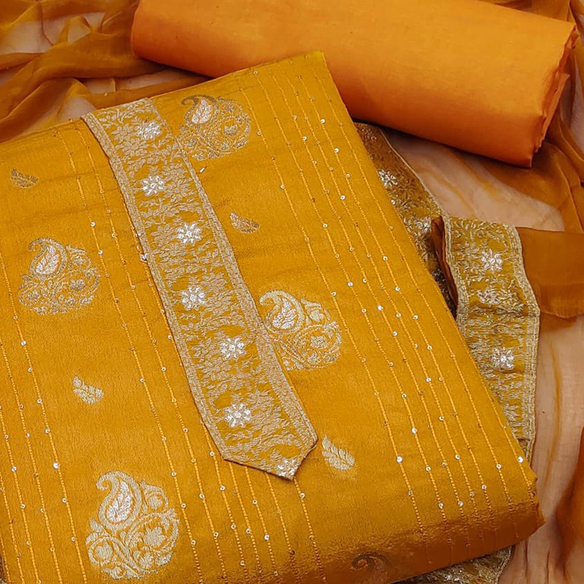 Mustard Woven Dola Silk Dress Material - Peachmode