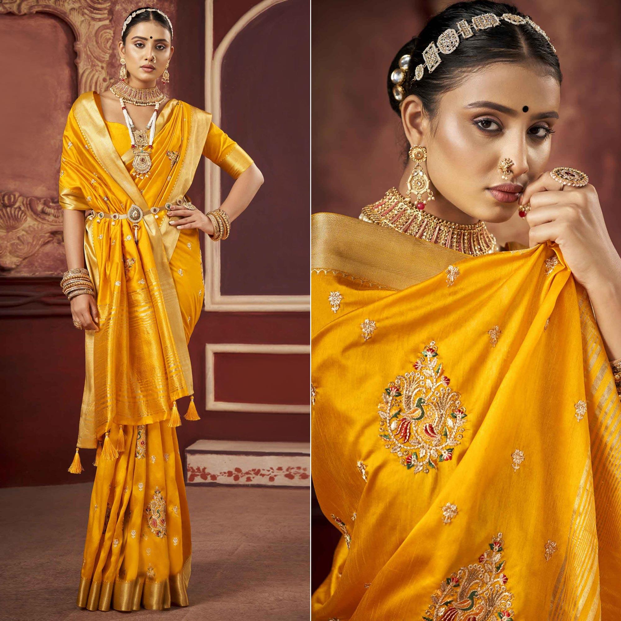 Mustard Woven-Embroidered Raw Silk Saree With Tassels - Peachmode