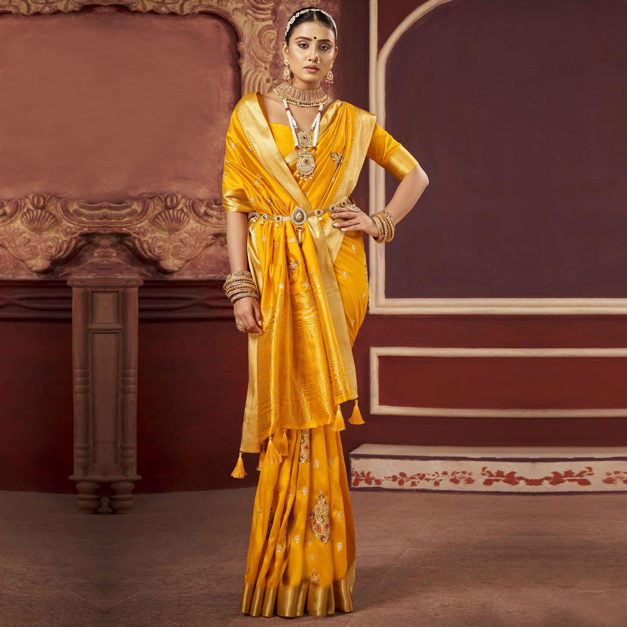 Mustard Woven-Embroidered Raw Silk Saree With Tassels - Peachmode