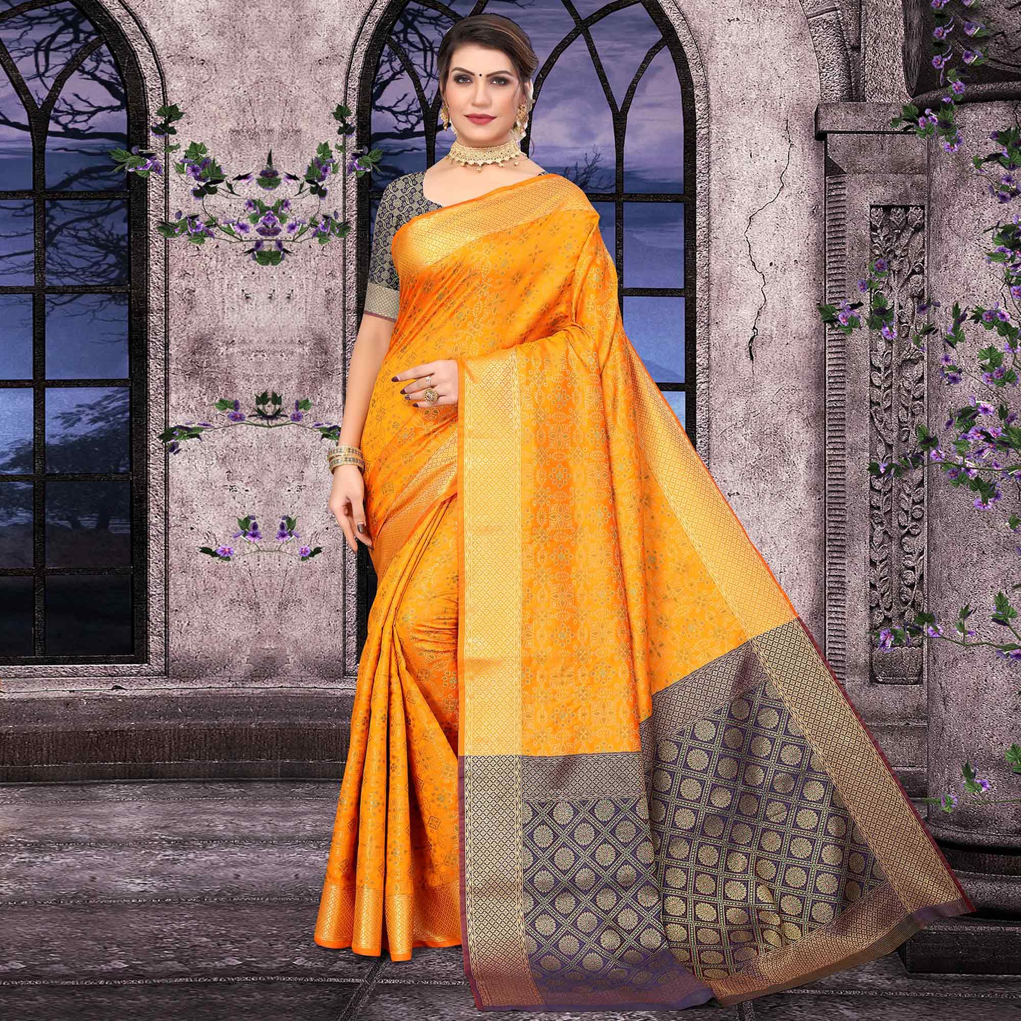 Mustard Woven Jacquard Saree - Peachmode