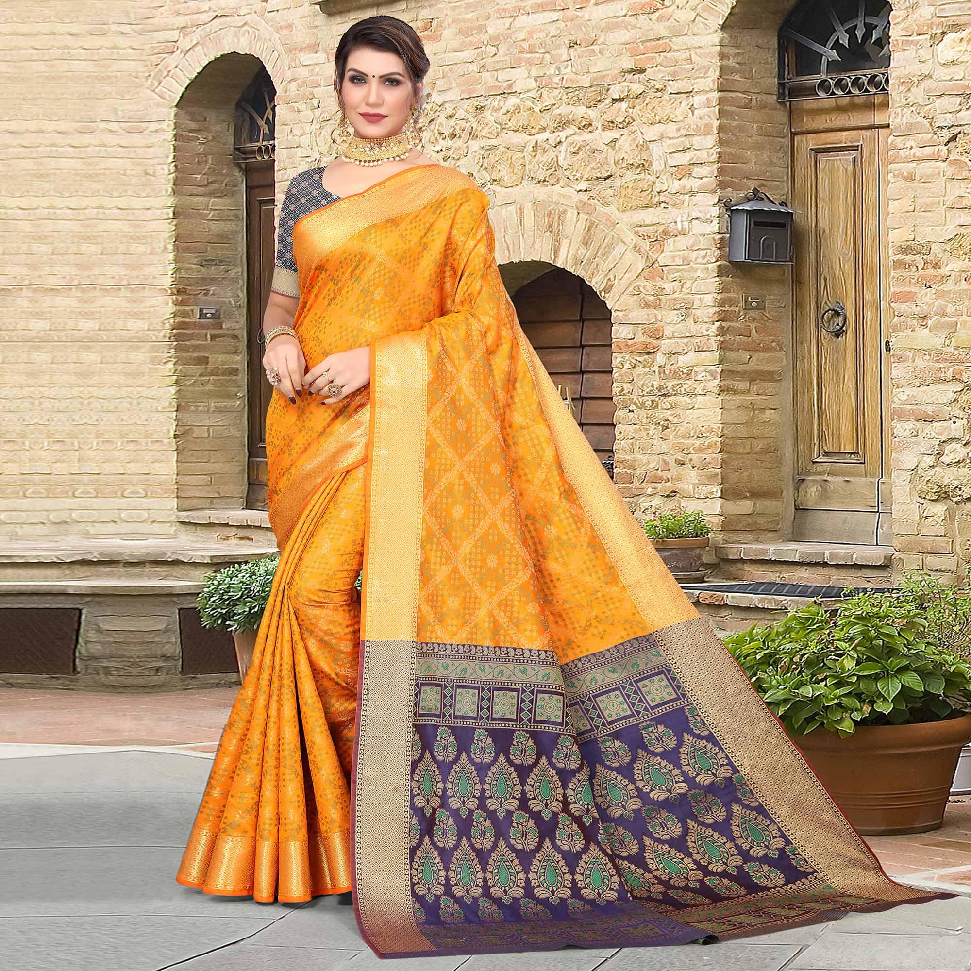 Mustard Woven Jacquard Saree - Peachmode