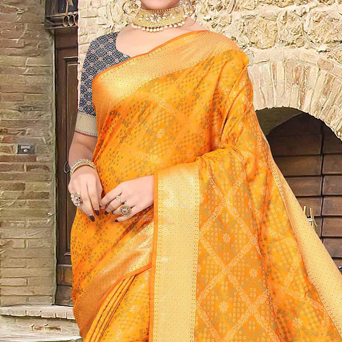 Mustard Woven Jacquard Saree - Peachmode