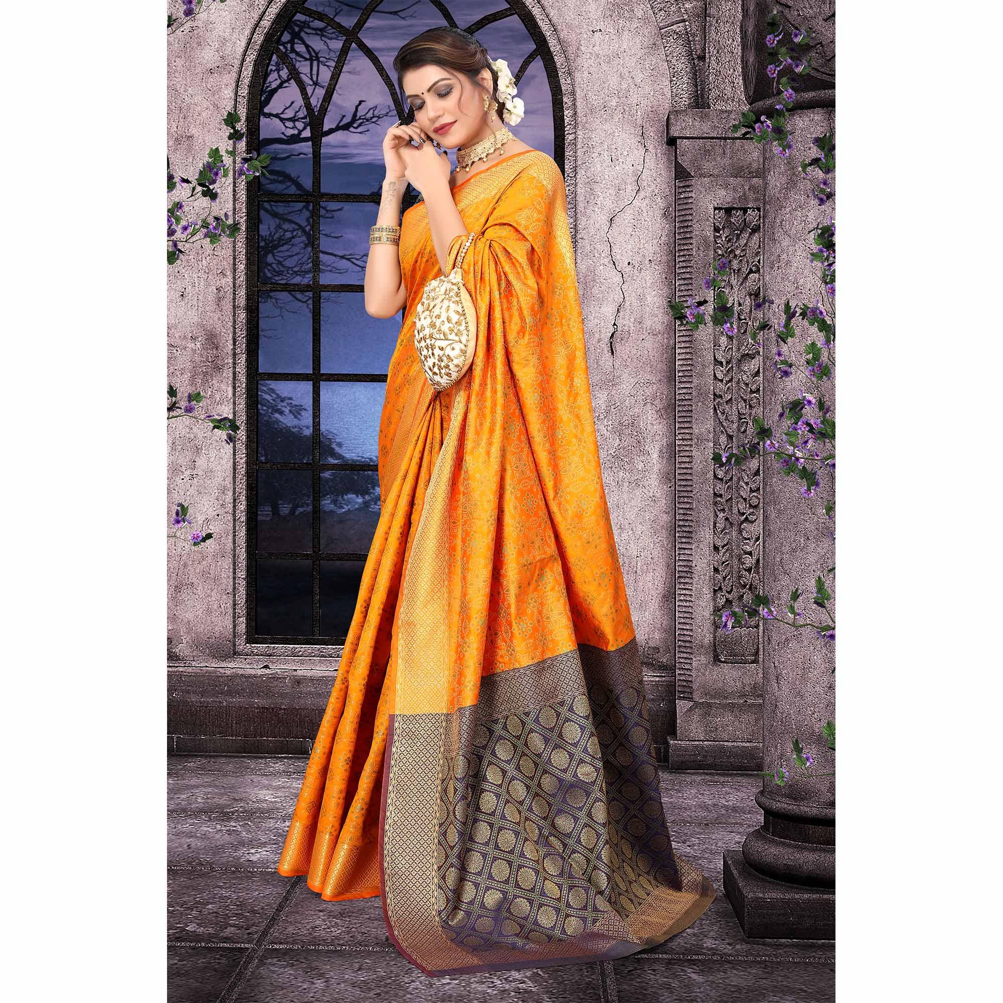 Mustard Woven Jacquard Saree - Peachmode