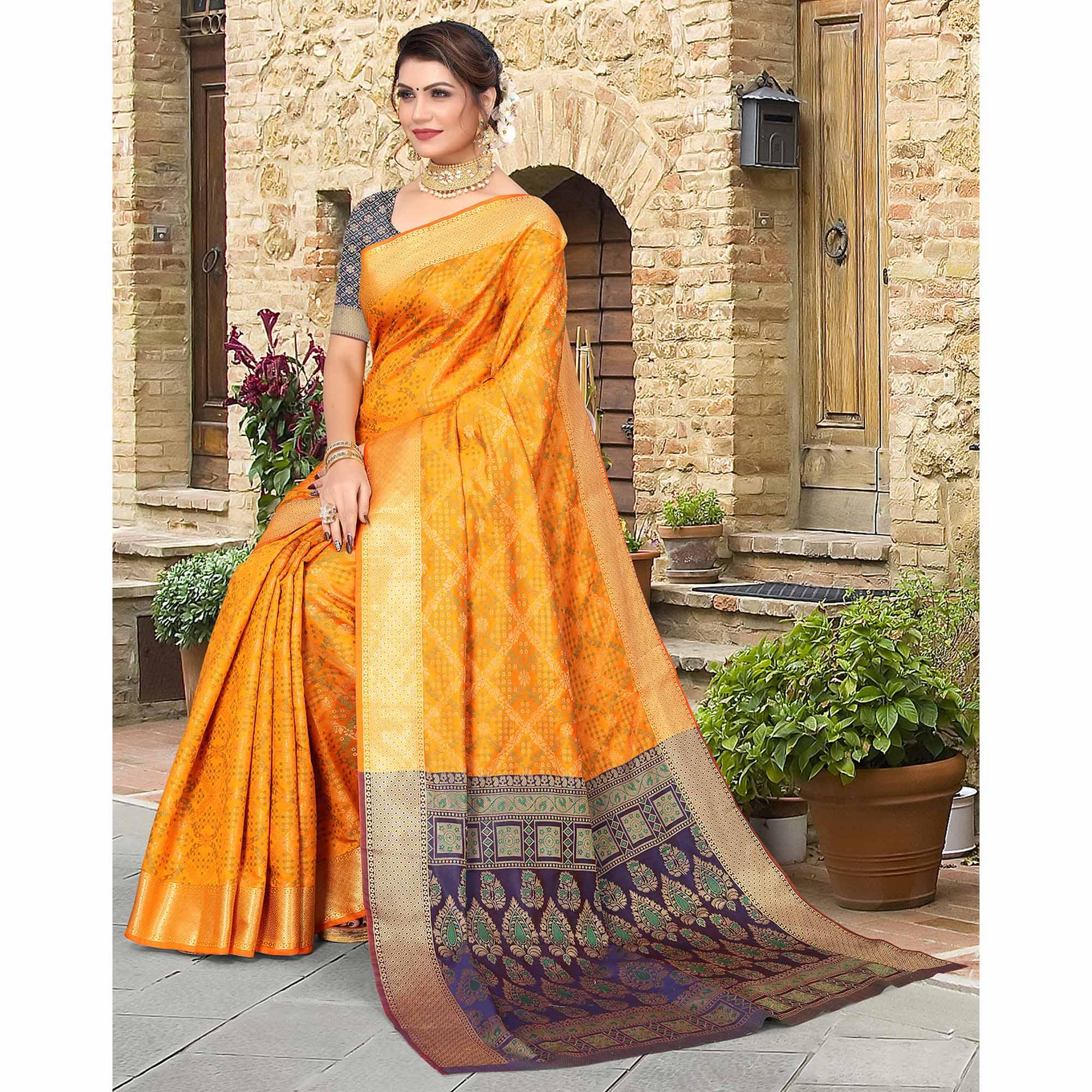 Mustard Woven Jacquard Saree - Peachmode