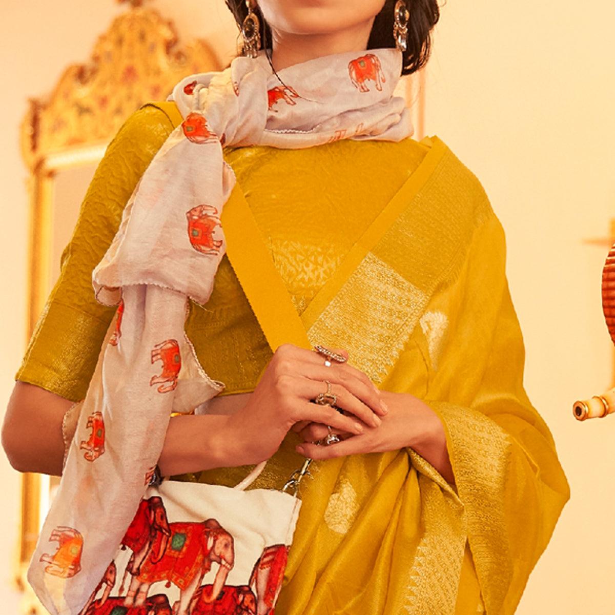 Mustard Woven Linen Saree With Tassels - Peachmode
