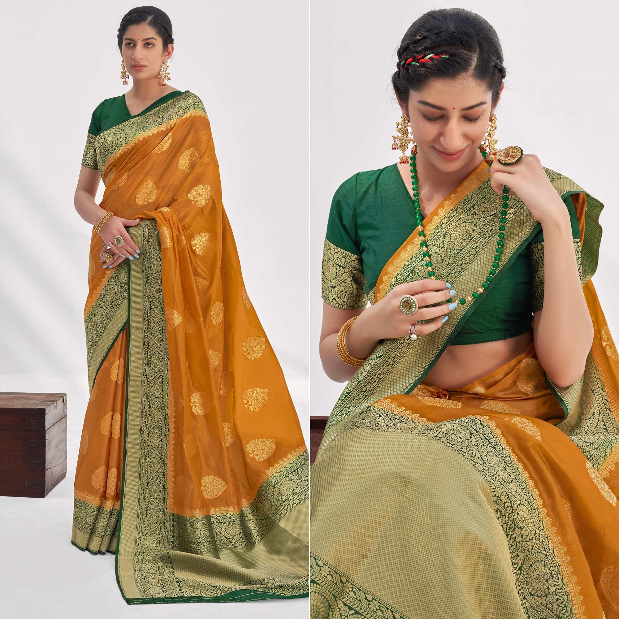 Mustard Woven Organza Saree - Peachmode