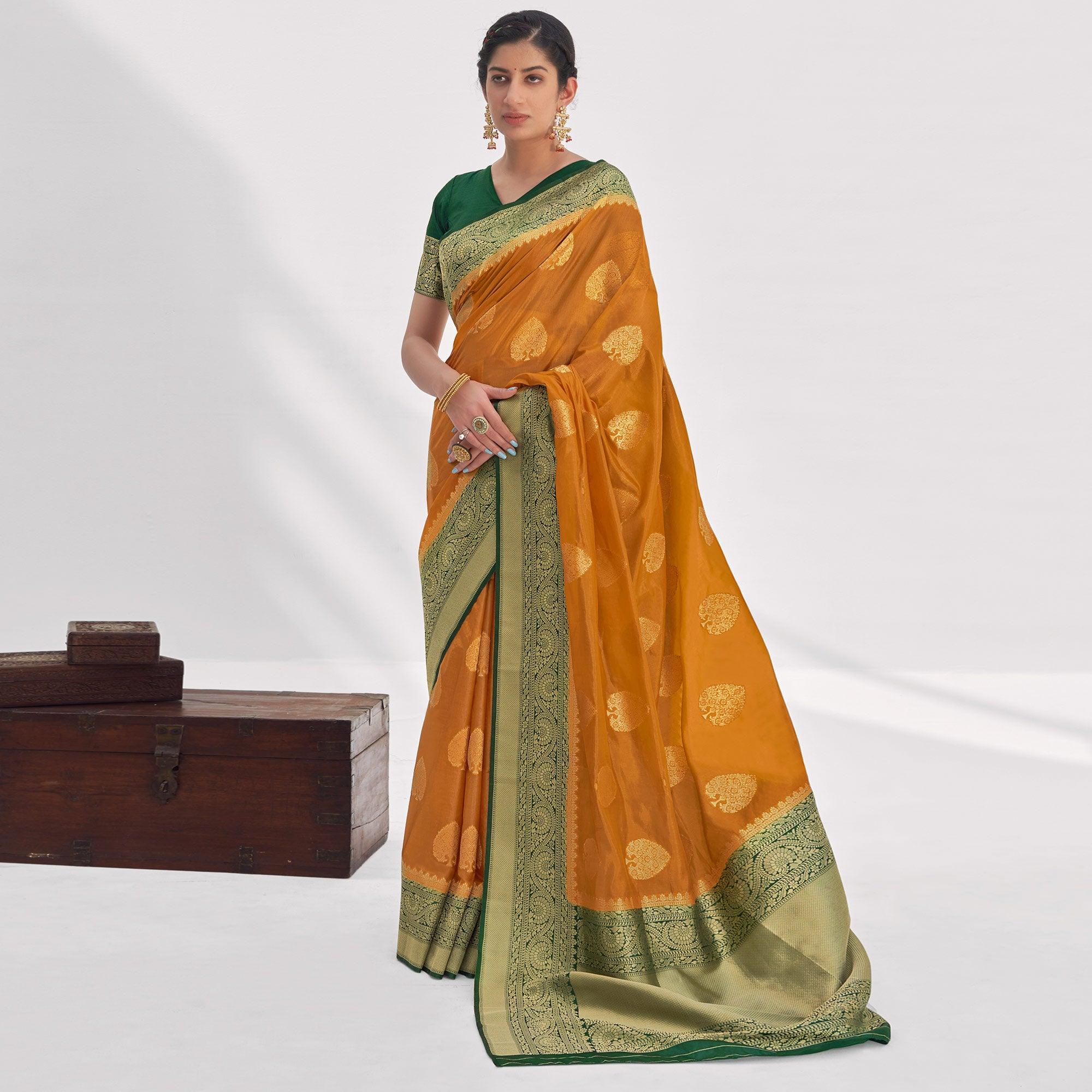 Mustard Woven Organza Saree - Peachmode