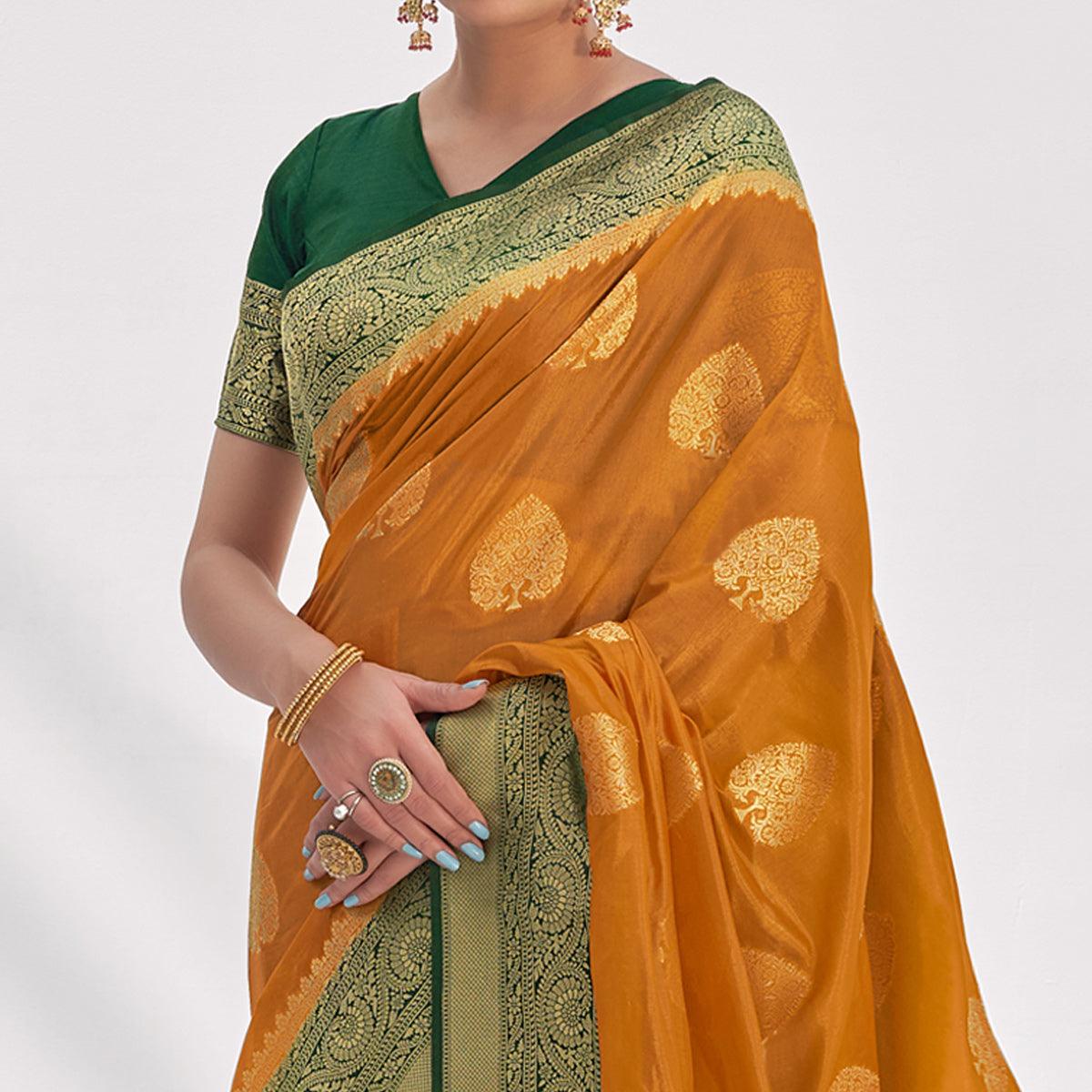 Mustard Woven Organza Saree - Peachmode