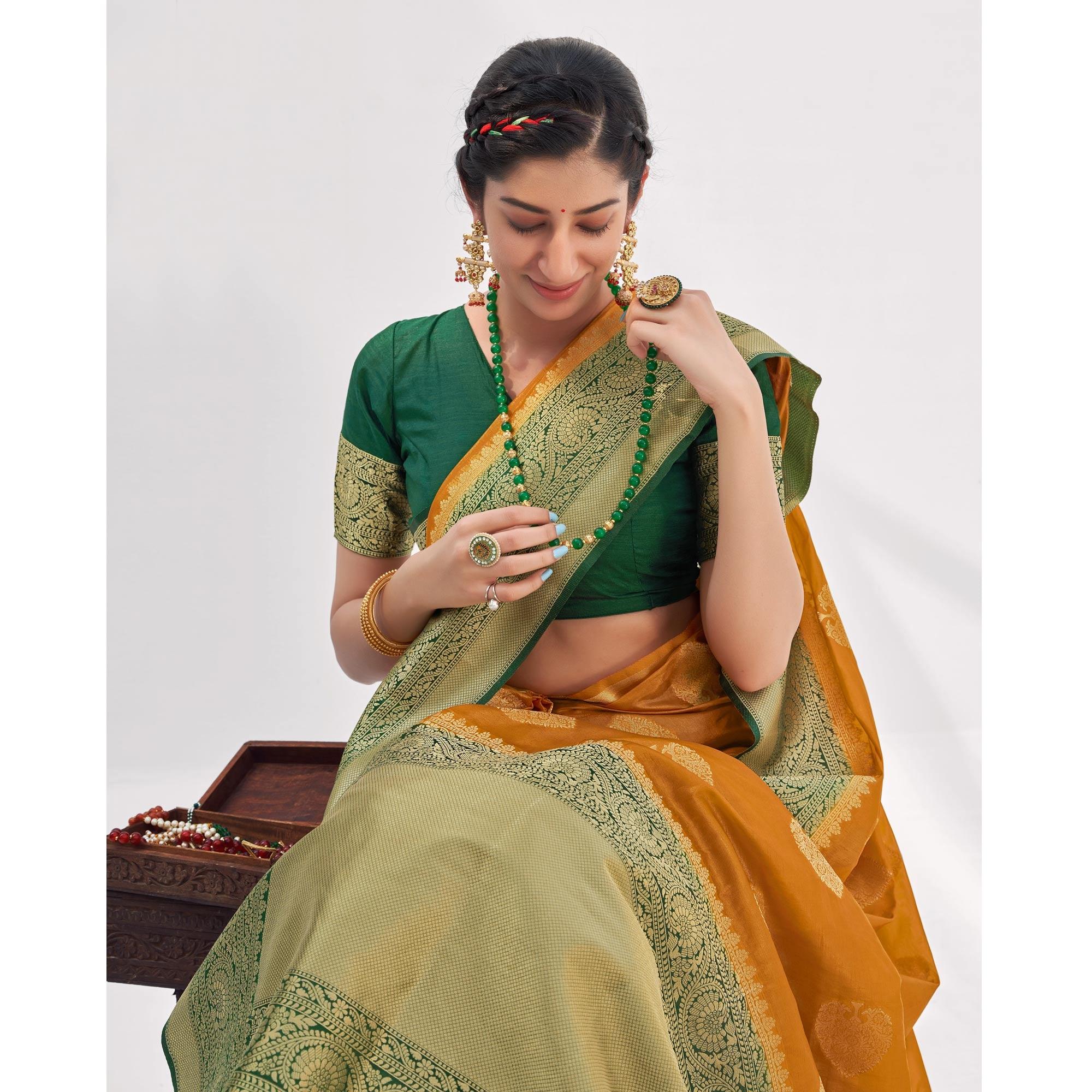 Mustard Woven Organza Saree - Peachmode