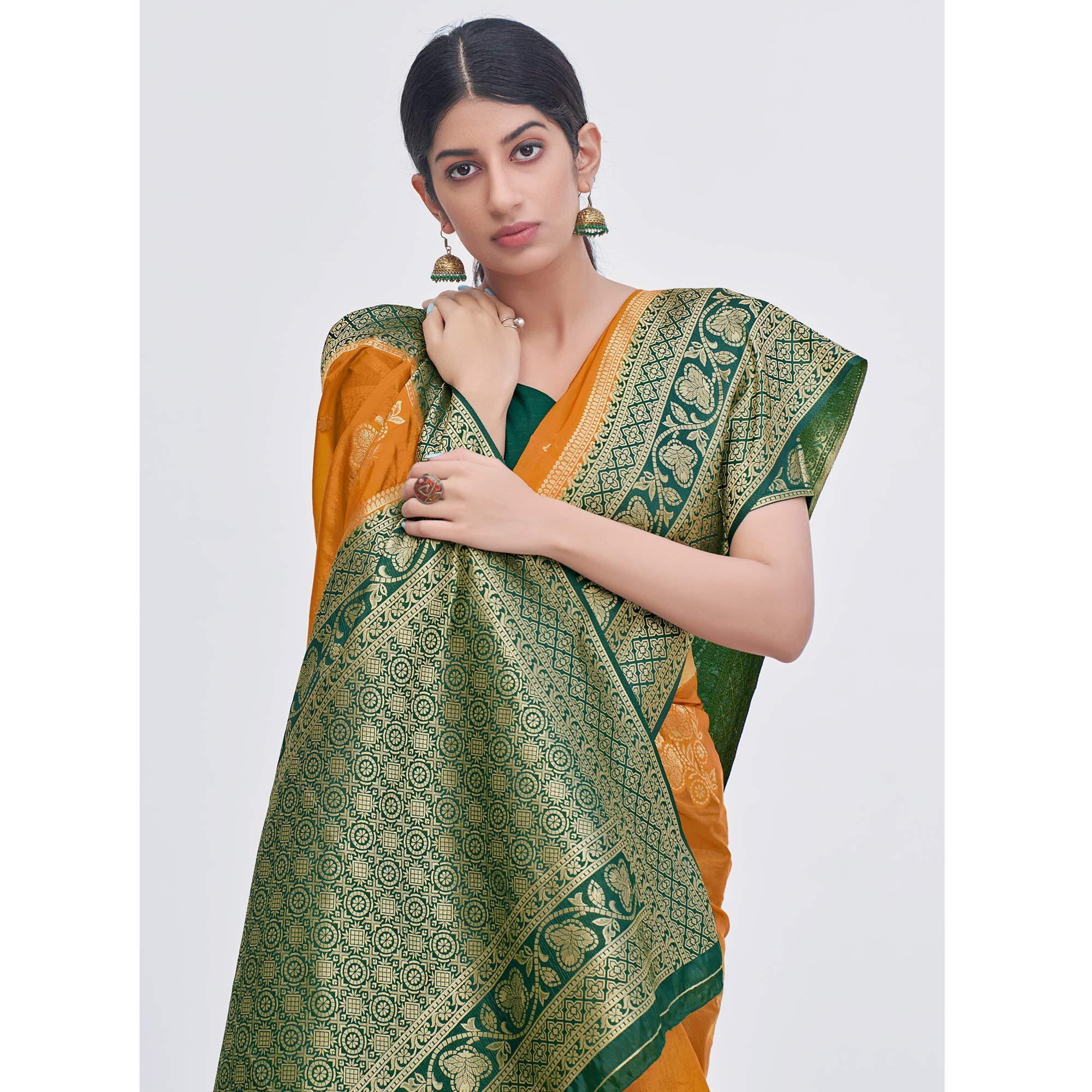 Mustard Woven Organza Saree - Peachmode