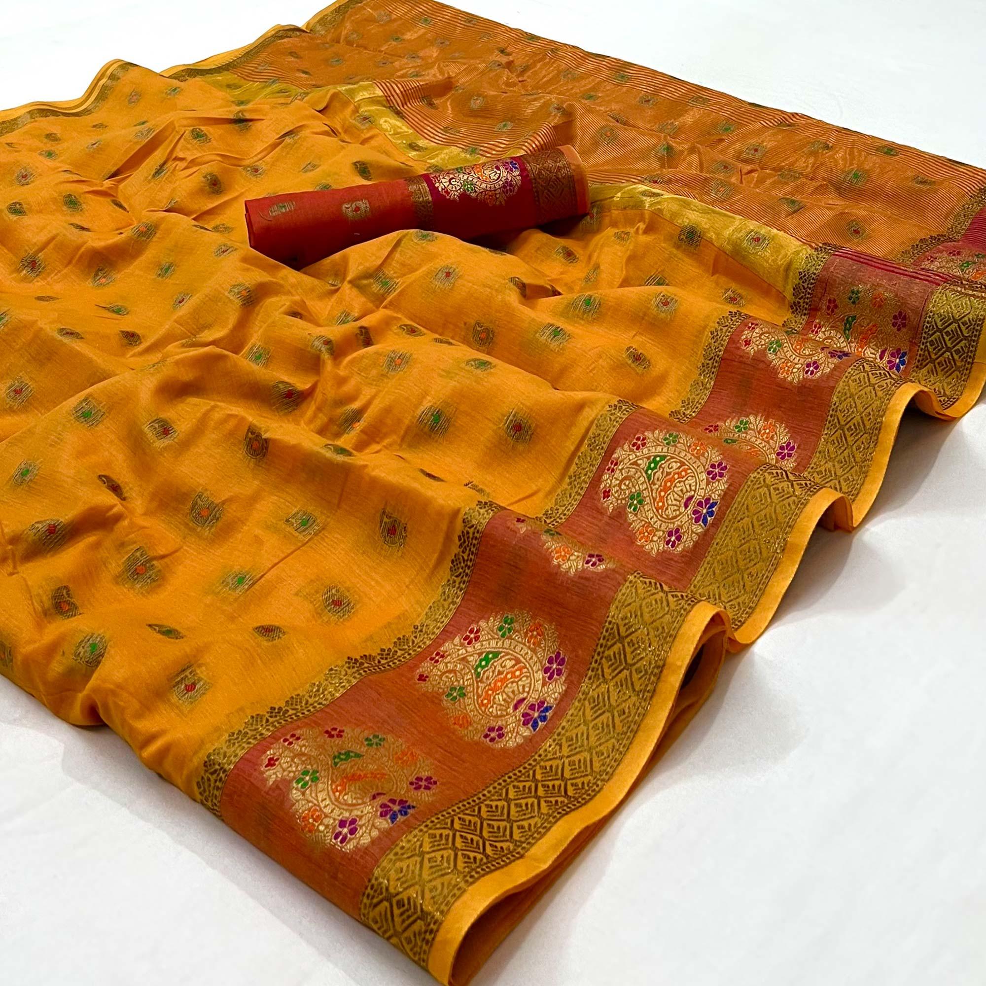 Mustard Woven Poly Cotton Saree - Peachmode