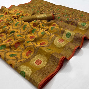 Mustard Woven Poly Cotton Saree - Peachmode