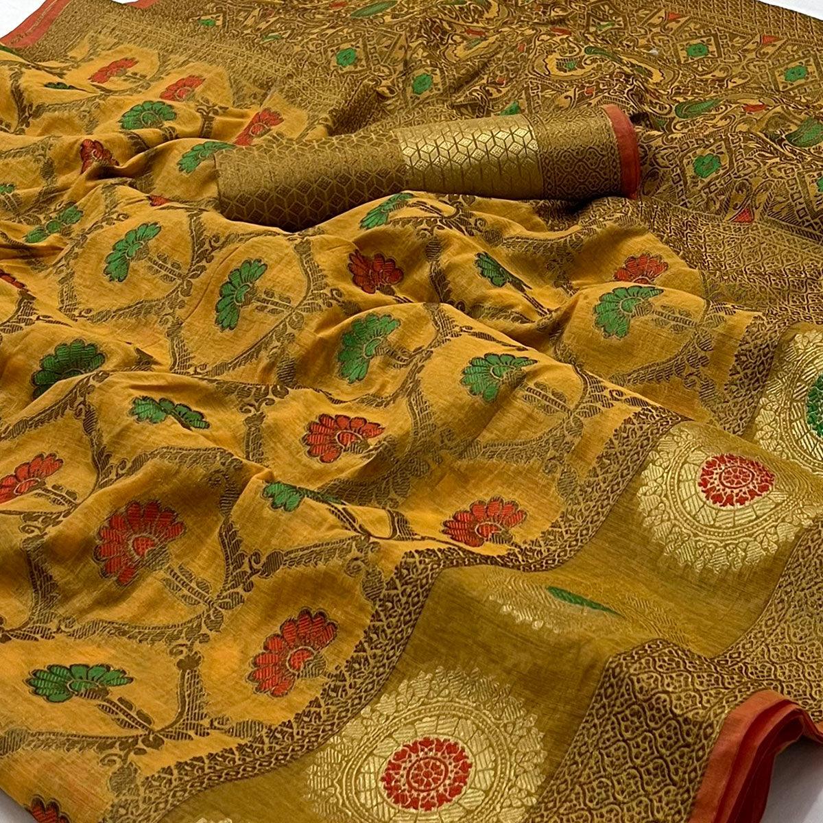 Mustard Woven Poly Cotton Saree - Peachmode